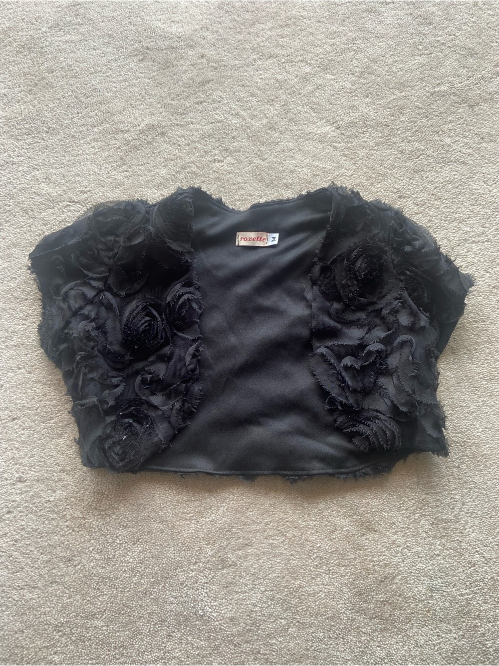 Black Floral Appliqué Cropped Jacket for Kids